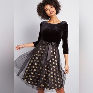 Modcloth Black Velvet and Gold Patterned Dress